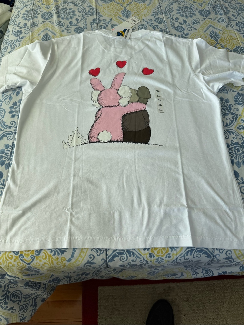 Kaws White Graphic Tee with Pink Bunny and Brown Bear